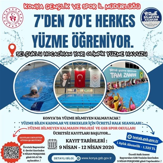 SELÇUKLU HOCACİHAN YARI OLİMPİK YÜZME HAVUZUMUZDA ÜCRETLİ HALK SEANSLARI VE ÜCRETSİZ YÜZME KURSLARIMIZIN BAŞVURULARI BAŞLIYOR.