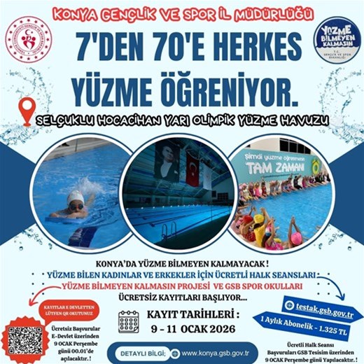 SELÇUKLU HOCACİHAN YARI OLİMPİK YÜZME HAVUZUMUZDA ÜCRETLİ HALK SEANSLARI VE ÜCRETSİZ YÜZME KURSLARIMIZIN BAŞVURULARI BAŞLIYOR