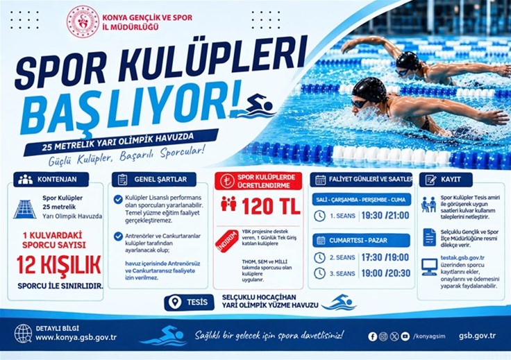 SELÇUKLU HOCACİHAN YARI OLİMPİK YÜZME HAVUZUMUZDA SPOR KULÜPLERİ  BAŞVURUSU BAŞLIYOR