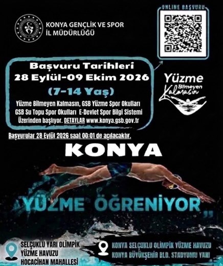 SELÇUKLU OLİMPİK YÜZME HAVUZU ve SELÇUKLU YARI OLİMPİK KAPALI YÜZME HAVUZUMUZDA 2026-2027 KIŞ DÖNEMİ 1. ETAP YÜZME ve SUTOPU KURS BAŞVURULARI BAŞLIYOR